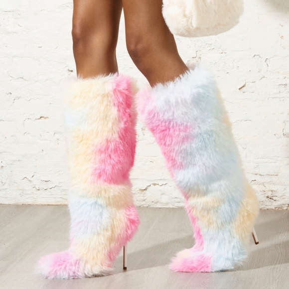 AZALEA WANG "TO LIVE AMONGST UNICORNS" Faux Fur Multicolor Platform Boots - Picture 3 of 7